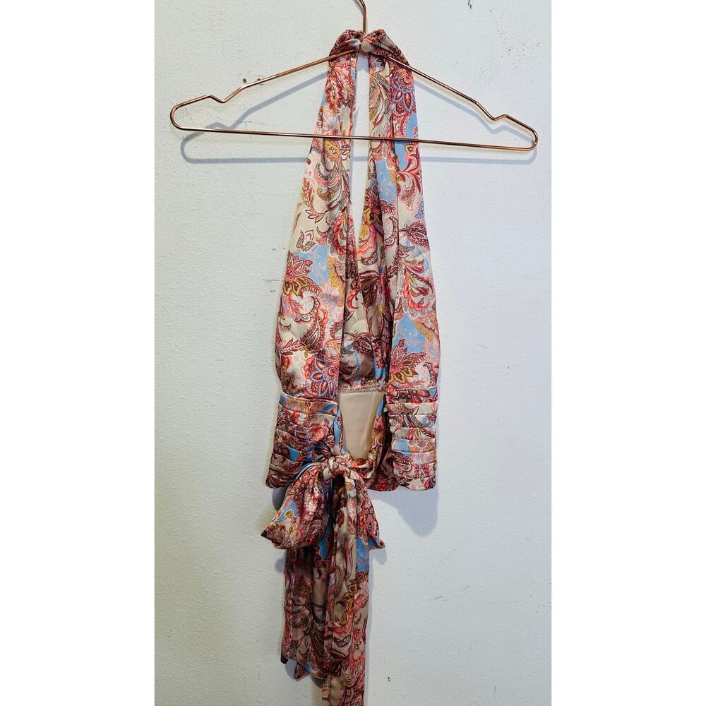 WILLOW & ROOT Taupe Pink Blue Paisley Satin Cropped Halter V-Neck Halter Top L - Picture 6 of 9